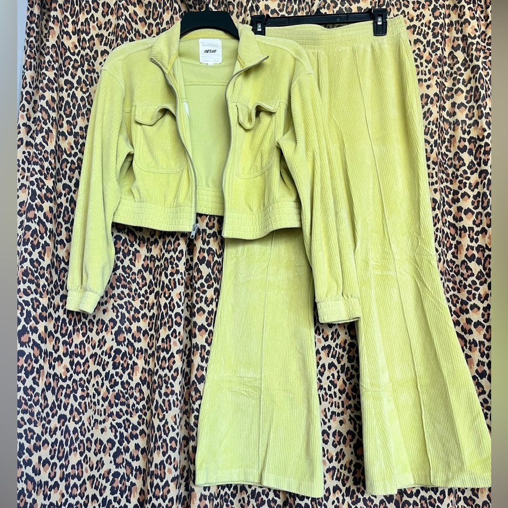 Aerie Limey Yellow Ribbed Jacket & Flare Pant Set